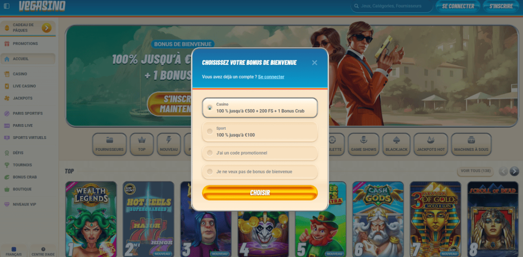 Vegasino Casino choix bonus