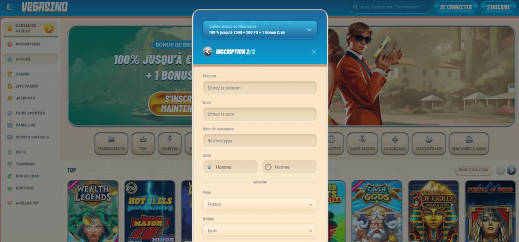 Vegasino Casino souscription