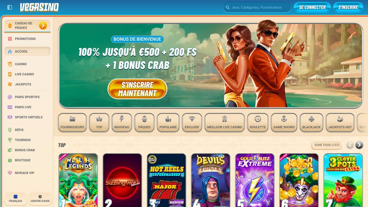 Interface du casino Vegasino montrant les jeux et promotions